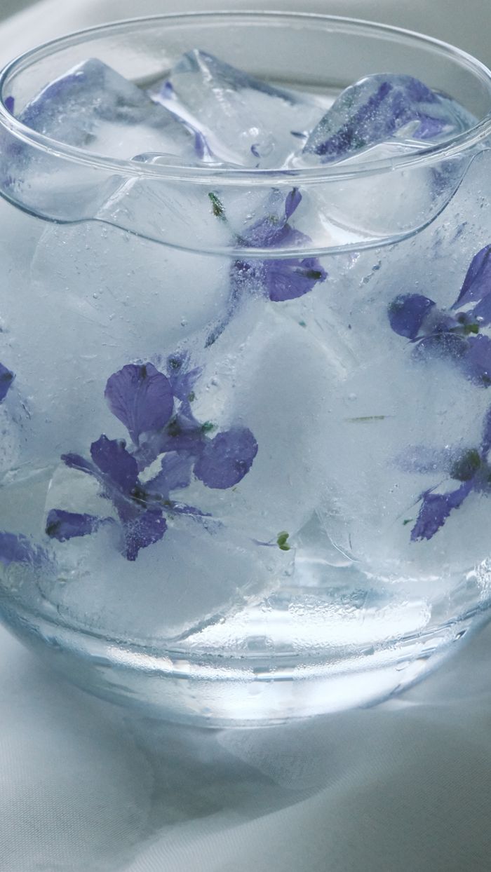 services-02 Close-up of infused water with ice cubes and purple flowers, creating a cool, refreshing drink.